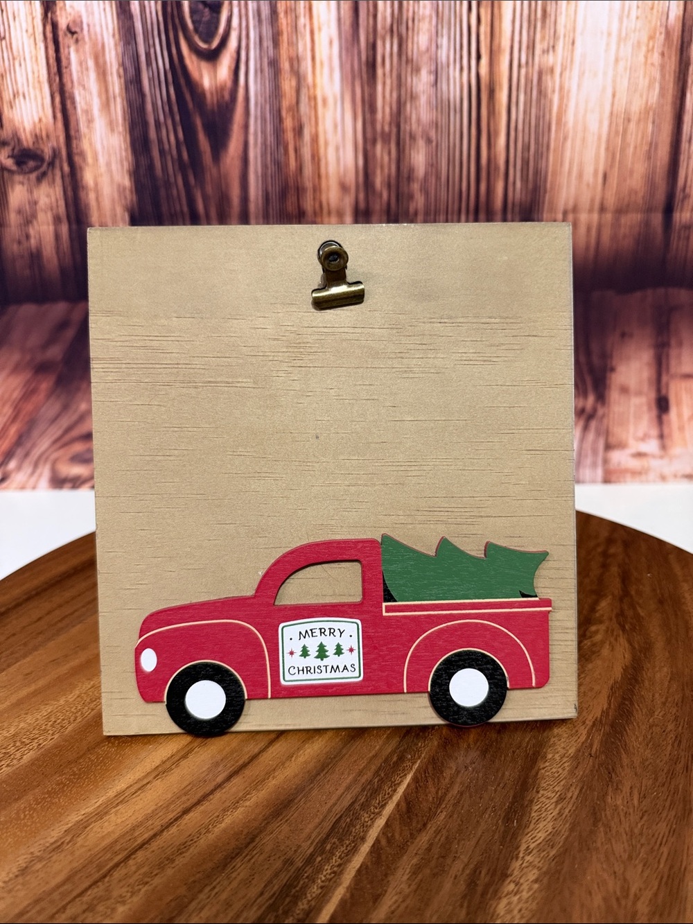 Red Holiday Truck Wood picture frame with Green Tree - Merry Christmas